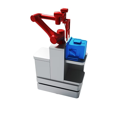 Red Mechanical Robotic Arm Operating Blue Box On Gray Base Platform 3d model