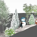 Snow Covered Shrubs In Winter Scene With Snowman And Green Trees
