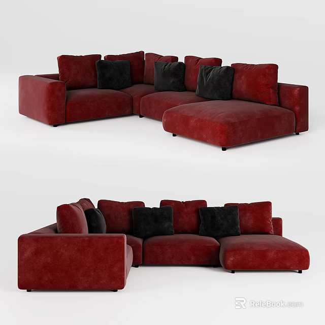 Red Sectional Sofa With Modern Design And Black Accent Pillows 3d model