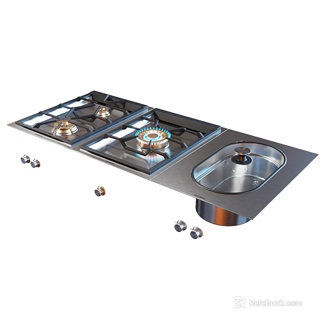 Stainless Steel Built In Gas Stove With Sink And Burner Parts For Kitchen 3d model 