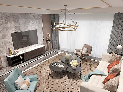 Modern Luxury Living Room Interior With Marble TV Wall Stylish Chandelier And Cozy Sofas 3d model