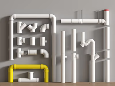 Various White Pipe Fittings and Yellow Pipes Arranged on Gray Wall with Wooden Floor 3d model