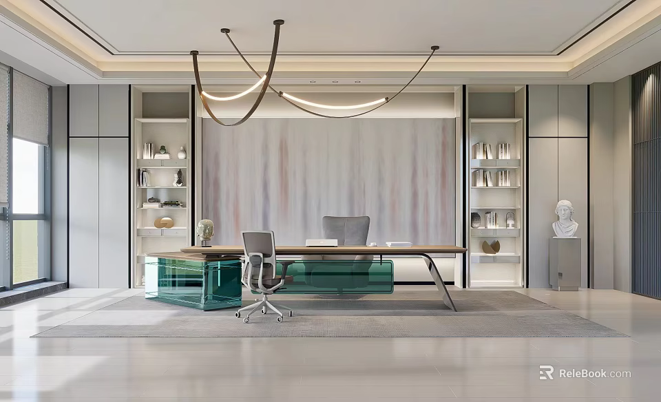 Modern Office Interior With Desk Green Cabinets And Chairs Textured Backdrop White Bookshelves Pendant Lights 3d model 