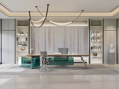 Modern Office Interior With Desk Green Cabinets And Chairs Textured Backdrop White Bookshelves Pendant Lights 3d model