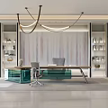 Modern Office Interior With Desk Green Cabinets And Chairs Textured Backdrop White Bookshelves Pendant Lights