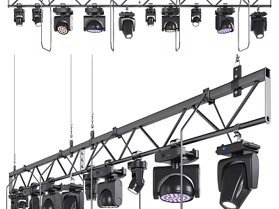 Hanging Stage Pendant Lights Mounted On Metal Truss With Multiple Spotlights For Performance Setup 3d model