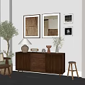 Walnut Wooden Console Table With Drawers Decorative Items And Wall Art 3d model