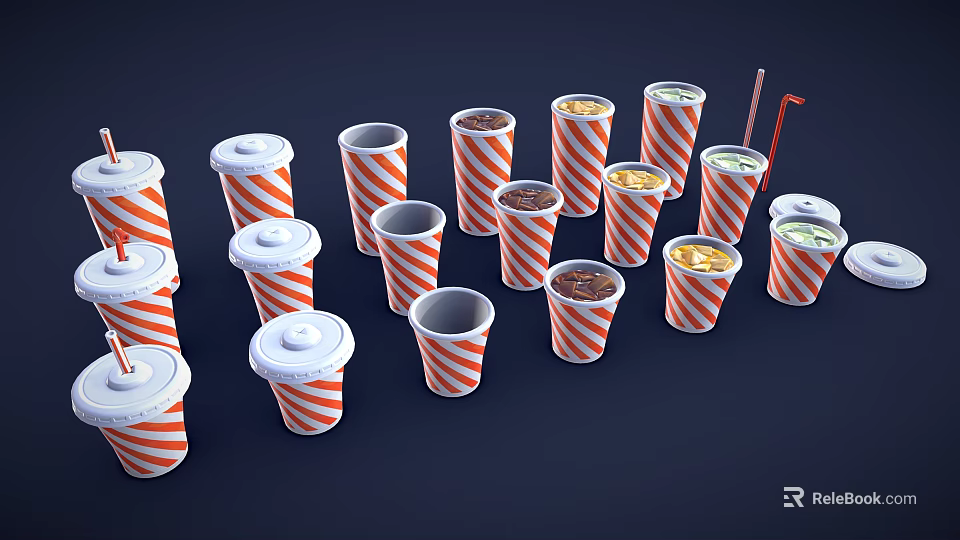Red And White Striped Paper Cups With Lids Straws Containing Various Colored Drinks 3d model 