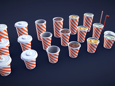 Red And White Striped Paper Cups With Lids Straws Containing Various Colored Drinks 3d model