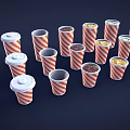 Red And White Striped Paper Cups With Lids Straws Containing Various Colored Drinks 3d model