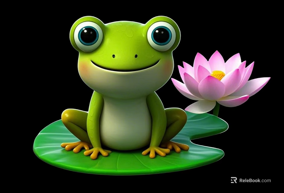 Adorable Green Reptile Sitting On Lily Pad With Pink Lotus Flower 3d model 