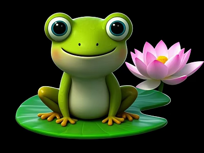 Adorable Green Reptile Sitting On Lily Pad With Pink Lotus Flower 3d model