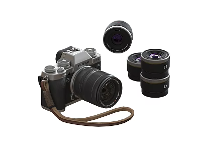 Professional Digital Camera With Silver Body Multiple Interchangeable Lenses And Leather Strap 3d model