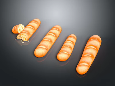 Display of Fresh Baguette Bread with Golden Crust Striped Texture Bitten Piece and Scattered Crumbs 3d model