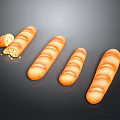 Display of Fresh Baguette Bread with Golden Crust Striped Texture Bitten Piece and Scattered Crumbs