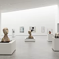 Bright Spacious Art Gallery With White Pedestals Sculptures And Wall Paintings