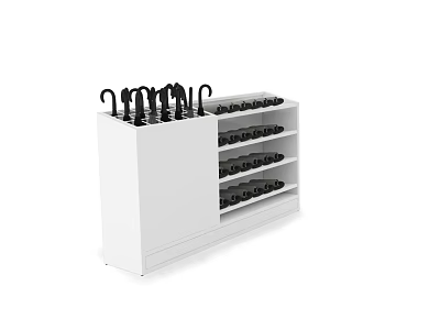 White Display Shelf With Black Umbrellas And Neatly Arranged Black Shoes 3d model