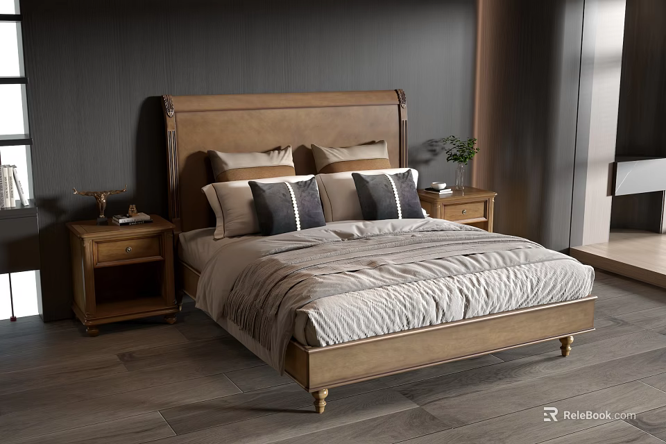 Double Bed with Wooden Headboard Nightstands Pillows and Green Plant in Bedroom Interior 3d model 