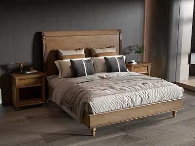 Double Bed with Wooden Headboard Nightstands Pillows and Green Plant in Bedroom Interior 3d model
