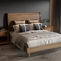 Double Bed with Wooden Headboard Nightstands Pillows and Green Plant in Bedroom Interior
