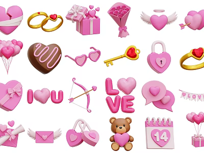 Valentine's Day Three-dimensional Icon Valentine's Day Gift Heart-shaped Balloon Gift Box Ring Love Bear Chocolate 3d model