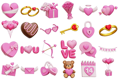 Valentine's Day Three-dimensional Icon Valentine's Day Gift Heart-shaped Balloon Gift Box Ring Love Bear Chocolate 3d model