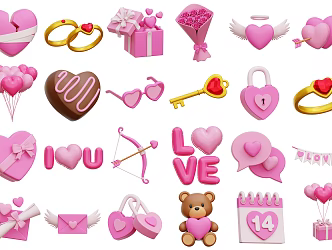 Valentine's Day Three-dimensional Icon Valentine's Day Gift Heart-shaped Balloon Gift Box Ring Love Bear Chocolate 3d model
