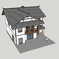 Traditional Chinese Style Two Story Detached Villa With Sloped Tile Roof And Wooden Balcony