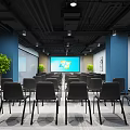 Modern Conference Room With Black Chairs Large Screen And Blue White Carpet