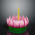 Pink Lotus Shaped Decorative Item With Petals Green Base Yellow Incense Stick And Candle Wick