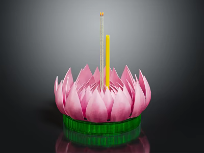 Pink Lotus Shaped Decorative Item With Petals Green Base Yellow Incense Stick And Candle Wick 3d model