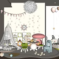 Fun Kids Playroom With Tent Mushroom Table Colorful Chairs Bunting Flags And Stuffed Toys