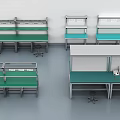 Industrial Laboratory Workbenches With Metal Frame Green Top And Equipment Shelves Stools