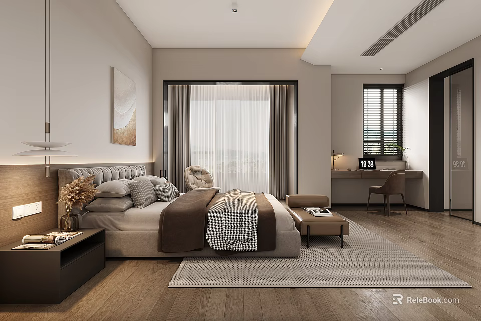 Elegant Modern Bedroom Interior With Plaid Blanket Wooden Floor And Wall Art 3d model 
