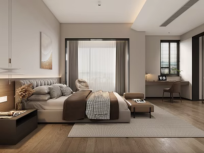 Elegant Modern Bedroom Interior With Plaid Blanket Wooden Floor And Wall Art 3d model
