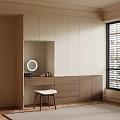 Elegant Modern Beige Brown Wardrobe With Dressing Table Round Mirror And Stool 3d model