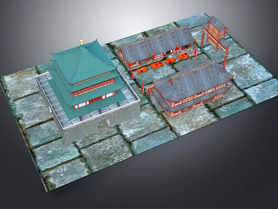 Ancient Chinese Architecture Multi story Tower with Green Roof Red Pillars and Stone Pavement Courtyard 3d model