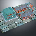 Ancient Chinese Architecture Multi story Tower with Green Roof Red Pillars and Stone Pavement Courtyard