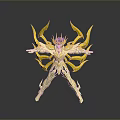 Elaborate Golden Mythic Armor Figure With Yellow Wing Appendages And Reflective Display Base