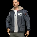 Man Wearing Blue Jacket With Fleece Collar White T-shirt Necklace White Emblems And Red Button