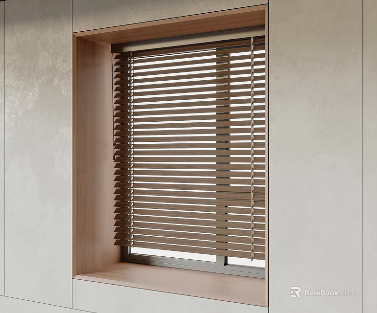 Wooden Window Blinds In Modern Interior With Natural Color Frame And Sill 3d model 