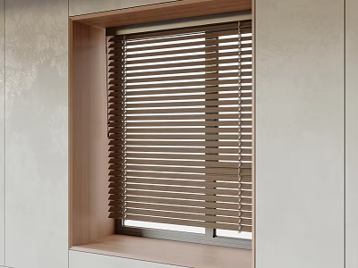 Wooden Window Blinds In Modern Interior With Natural Color Frame And Sill 3d model