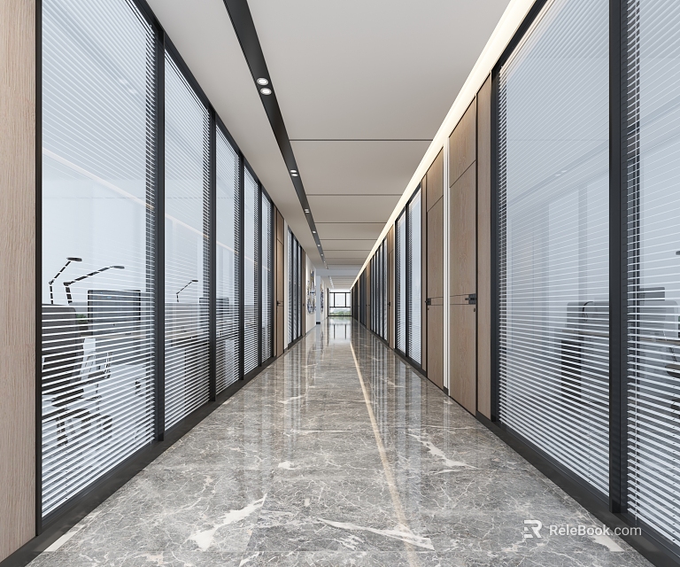Long Modern Office Corridor With Glass Partitions Blinds And Marble Floor 3d model 