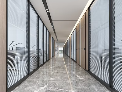 Long Modern Office Corridor With Glass Partitions Blinds And Marble Floor 3d model