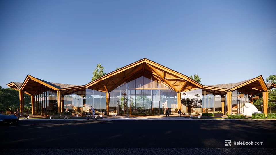 Modern Visitor Center With Wooden Gabled Roof And Glass Curtain Walls In Natural Surroundings 3d model 