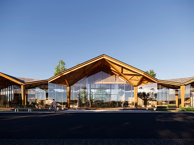 Modern Visitor Center With Wooden Gabled Roof And Glass Curtain Walls In Natural Surroundings 3d model