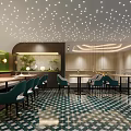 Elegant Restaurant Interior With Green Walls Plant Murals And Geometric Floor Tiles