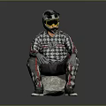 Game Movie Character in Black White Checkered Jumpsuit with Helmet and Goggles Sitting on Rock