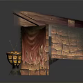 Ancient Themed Scene With Wooden Framing Stone Steps Red Curtain And Hanging Lantern