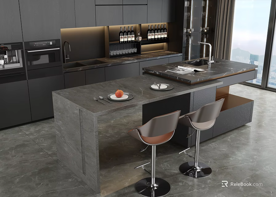 Modern Dining Table Set with Island Counter Marble Top Bar Stools Dark Cabinets City View 3d model 